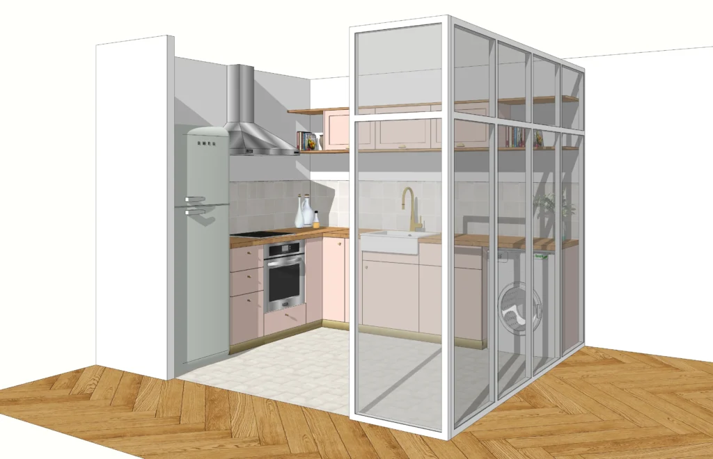 Vue 3D de la cuisine de Marie avec un agencement moderne, incluant des meubles rose pâle, un plan de travail en bois et une paroi vitrée séparant l'espace cuisine du reste de l'appartement.