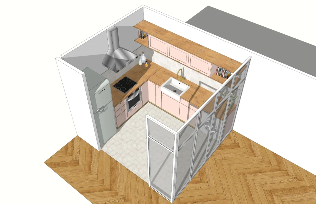 "Vue 3D de la cuisine de Marie montrant l'agencement moderne avec des meubles rose pâle, un plan de travail en bois, une verrière séparant l'espace cuisine et buanderie."