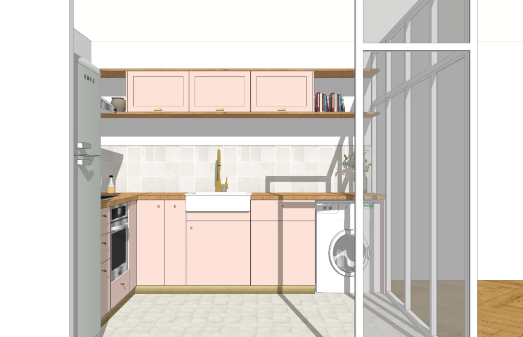 Vue 3D de la cuisine de Marie avec un agencement moderne, incluant des meubles rose pâle, un plan de travail en bois et une paroi vitrée séparant l'espace cuisine du reste de l'appartement.