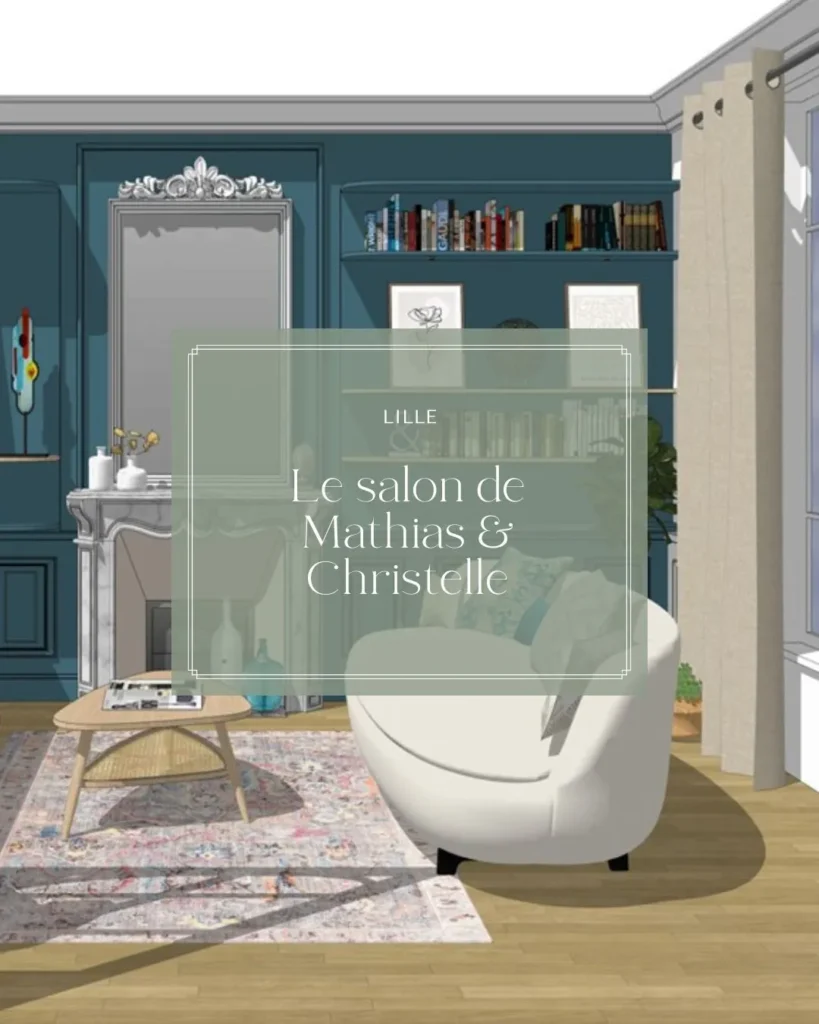 "Vue 3D d'un salon rétro chic avec des meubles modernes, un tapis coloré, des étagères avec des livres et une palette de couleurs élégantes et apaisantes."