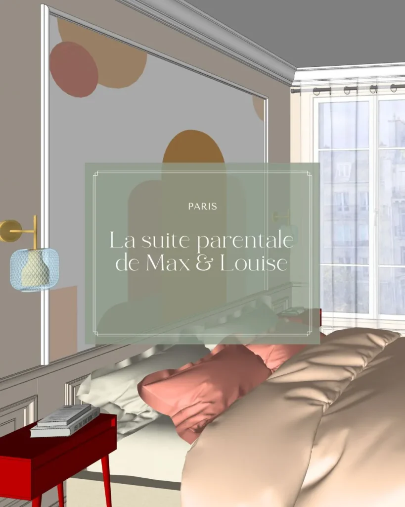 "Vue 3D de la suite parentale de Max & Louise, avec des couleurs douces et un design moderne, mettant en valeur les textures et le mobilier minimaliste."